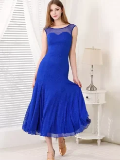 Womens Dance Dress Round Collar Sleeveless Mesh Ballroom Dance Costumes