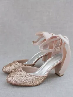 Women's Dress Pumps Glitter Bows Chunky Heel Pumps