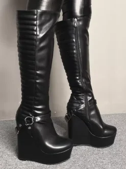 Women Sexy Boots Platform Wedge Heel Rave Club Black Knee Length Boots