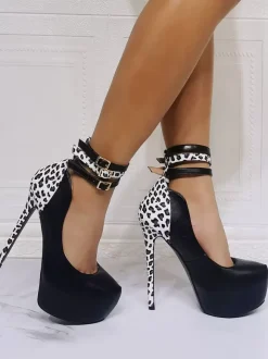 Women Sexy High Heels Black Round Toe PU Leather Sexy Ankle Strap Heels