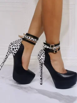Women Sexy High Heels Black Round Toe PU Leather Sexy Ankle Strap Heels