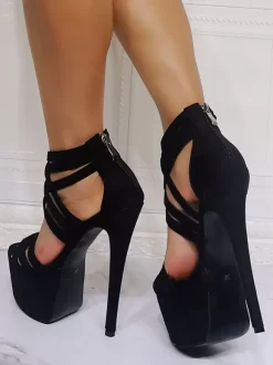 Women Sexy Sandals Black Micro Suede Upper Open Toe Stiletto Heels