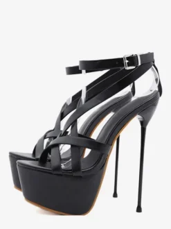 Women Sexy Sandals Black PU Leather Open Toe High Stiletto Heel Sandals