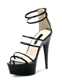 Women Sexy Sandals For Women Black PU Leather Peep Toe Stiletto Heel Ankle Strap Heels