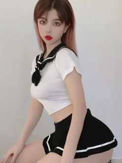Women Sexy School Girl Costume 3-Piece Set Black Mini Skirt T-Back Top Outfits