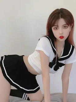 Women Sexy School Girl Costume 3-Piece Set Black Mini Skirt T-Back Top Outfits