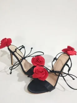 Women's Heeled Sandals Satin Flowers Detail Lace Up High Heel Party Shoes