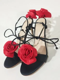 Women's Heeled Sandals Satin Flowers Detail Lace Up High Heel Party Shoes