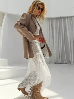 Women Sheer Lace 2 Piece Cover Up Set Long Sleeve Crop Top Asymmetrical Maxi Skirt