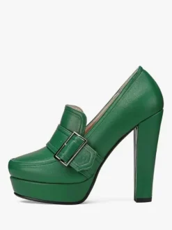 Women's High Heel Loafers Platform Buckle Chunky Heel Slip On Pumps