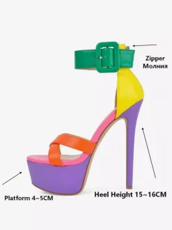 Women's High Heel Sandals Colorful Platform Open Toe Buckle Detail Ankle Strap Sandals