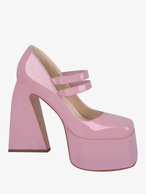 Women's High Heels Slip-On Buckle Pumps Chic Square Toe Chunky Heel PU Leather