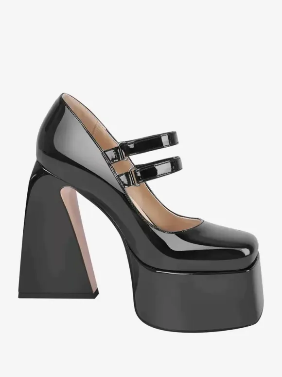 Women's High Heels Slip-On Buckle Pumps Chic Square Toe Chunky Heel PU Leather