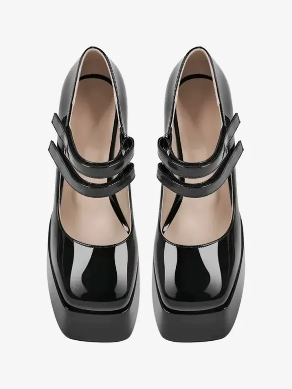 Women's High Heels Slip-On Buckle Pumps Chic Square Toe Chunky Heel PU Leather