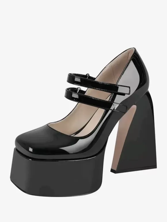 Women's High Heels Slip-On Buckle Pumps Chic Square Toe Chunky Heel PU Leather