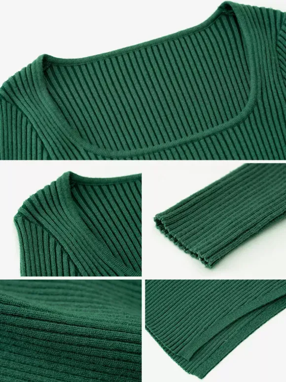 Women's Knitted Dress Beautiful Acrylic Long Sleeves Low-slit Square Neck