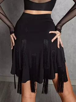 Womens Latin Dance 2-piece Transparent Long Sleeves Tops And Tassels Skirt Ballroom Salsa Tango Skirt