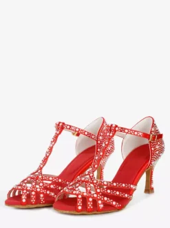 Women's Latin Dance Shoes Peep Toe Rhinestones T Strap High Heel Ballroom Dance Shoes