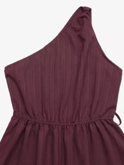 Women's Mauve One-Shoulder Belted Romper Textured Fabric Tie Waist Casual Summer Playsuit