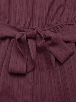 Women's Mauve One-Shoulder Belted Romper Textured Fabric Tie Waist Casual Summer Playsuit