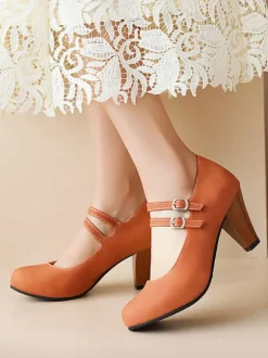 Women's Mid-Low Heels Suede Buckle Chunky Heel Mary Jane Shoes