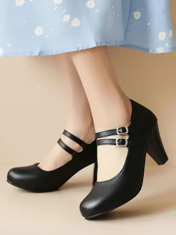 Women's Mid-Low Heels Suede Buckle Chunky Heel Mary Jane Shoes