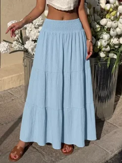 Women Smocked High Waist Tiered Maxi Skirt Textured Flowy Casual Beach Skirt