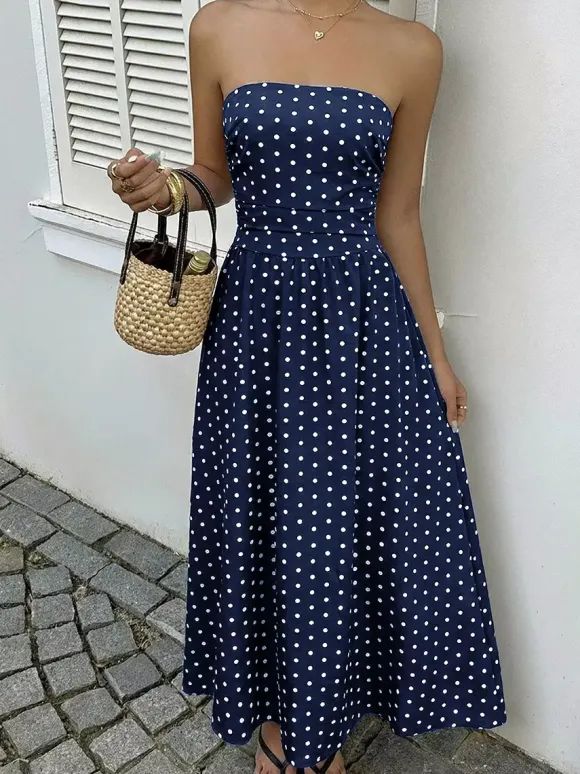 Women's Navy Blue White Polka Dot Strapless Maxi Dress High Waisted A Line Flowy Summer Dress