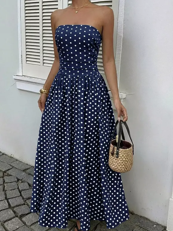 Women's Navy Blue White Polka Dot Strapless Maxi Dress High Waisted A Line Flowy Summer Dress