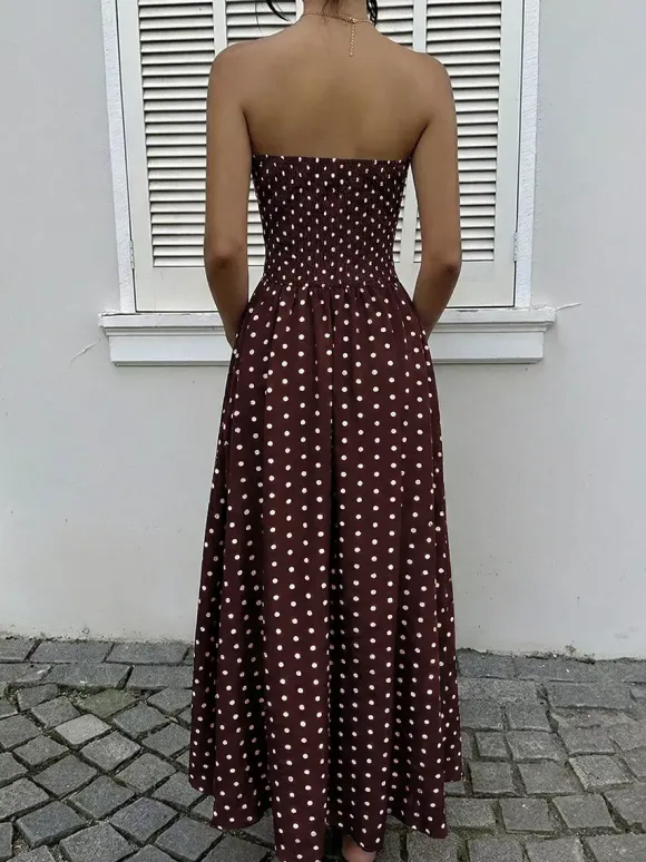 Women's Navy Blue White Polka Dot Strapless Maxi Dress High Waisted A Line Flowy Summer Dress