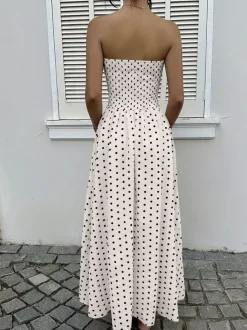 Women's Navy Blue White Polka Dot Strapless Maxi Dress High Waisted A Line Flowy Summer Dress