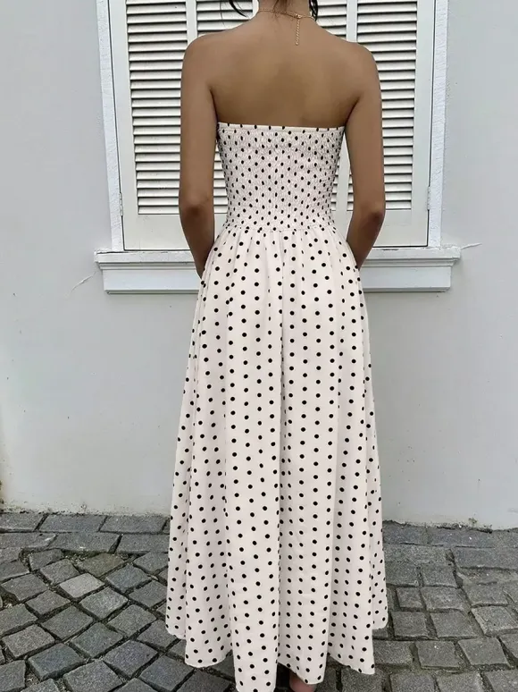 Women's Navy Blue White Polka Dot Strapless Maxi Dress High Waisted A Line Flowy Summer Dress