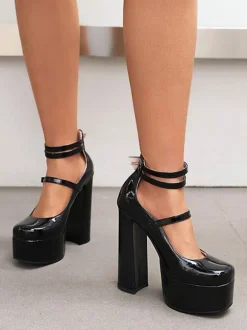 Women's Platform Chunky Heel Mary Jane Pumps in Patent Leather