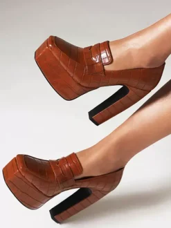 Women's Platform Loafers Chunky Heel Stone Pattern Slip On Pumps