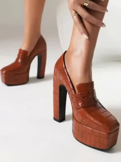 Women's Platform Loafers Chunky Heel Stone Pattern Slip On Pumps