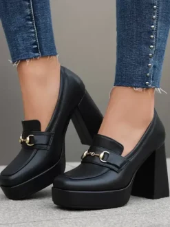 Women's Platform Loafers Metal Details Chunky Heel Pumps