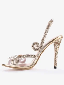 Womens Sequined Slingback Heels Peep Toe Stiletto Prom Heel Sandals
