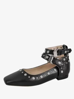 Women's Stud Flat Pumps Pointed Toe Ankle Strap Ballet Flats