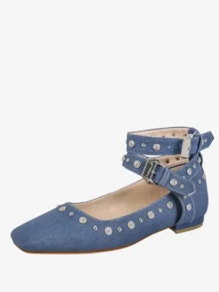Women's Stud Flat Pumps Pointed Toe Ankle Strap Ballet Flats