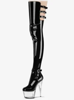 Women's Thigh Boots Leopard Print Round Toe Stiletto Heel PU Birght Leather
