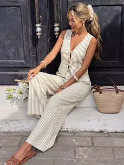 Women Striped Sleeveless V Neck Tie Front Vest Wide Leg Pants 2 Piece Linen Set