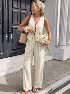 Women Striped Sleeveless V Neck Tie Front Vest Wide Leg Pants 2 Piece Linen Set