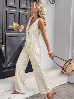 Women Striped Sleeveless V Neck Tie Front Vest Wide Leg Pants 2 Piece Linen Set
