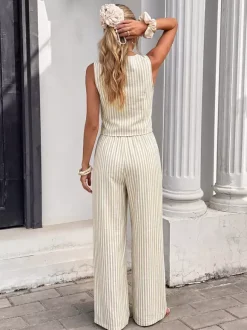Women Striped Sleeveless V Neck Tie Front Vest Wide Leg Pants 2 Piece Linen Set