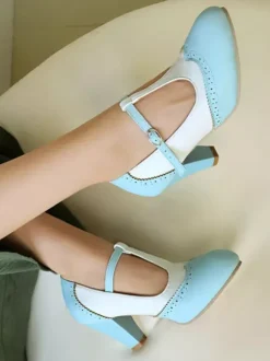 Women's Vintage Shoes Round Toe T Strap Chunky Heel Pumps