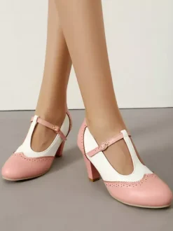 Women's Vintage Shoes Round Toe T Strap Chunky Heel Pumps