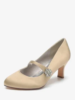 Women's Wedding Shoes Satin White Round Toe Rhinestones Chunky Heel Vintage Bridal Shoes
