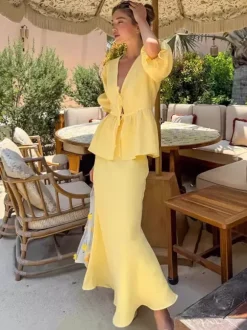 Women V Neck Front Tie Puff Sleeve Peplum Top Mermaid Maxi Skirt 2 Piece Set