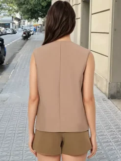 Women V Neck Sleeveless Blazer Vest Button Down Pocket Waistcoat