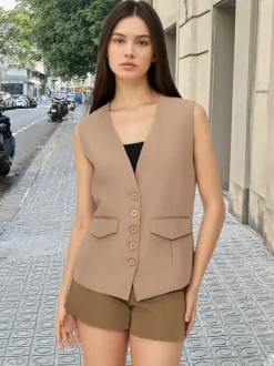 Women V Neck Sleeveless Blazer Vest Button Down Pocket Waistcoat